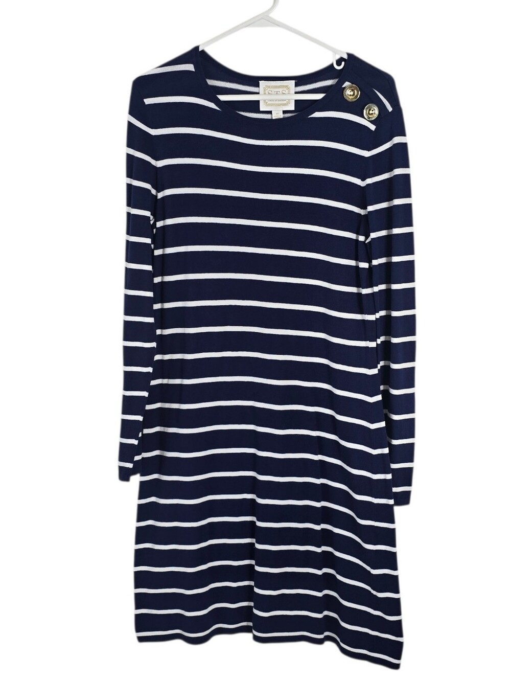 Sail to Sable Nautical Long Sleeve Stripe Knit Dress M Gold Shoulder Buttons